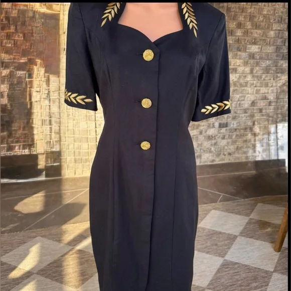 Vintage Black Midi Dress Gold Button Embroidered Trim Ann Tobias Size 8 USA - Picture 2 of 9